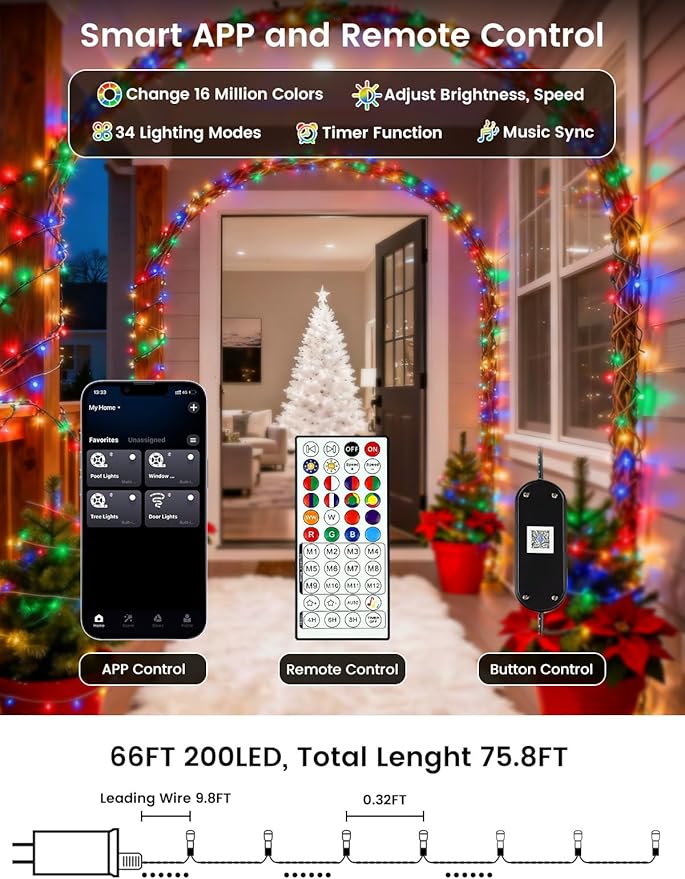 Smart Color Changing Christmas Lights with Remote & APP Control, 76FT 200LED Waterproof RGB Music Sync Holiday Twinkle Lights with Timer & Dimmable for Indoor Outdoor Wedding Party Christmas Decor
