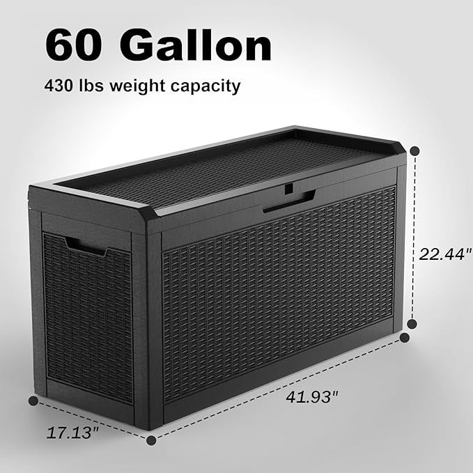 DRATO 60 Gallon Deck Box, Waterproof Resin Large Outdoor Storgae Box for Patio Furniture, Patio Cushions, Gardening Tools, Pool Supplies, Lockable（Black，60 Gallon）