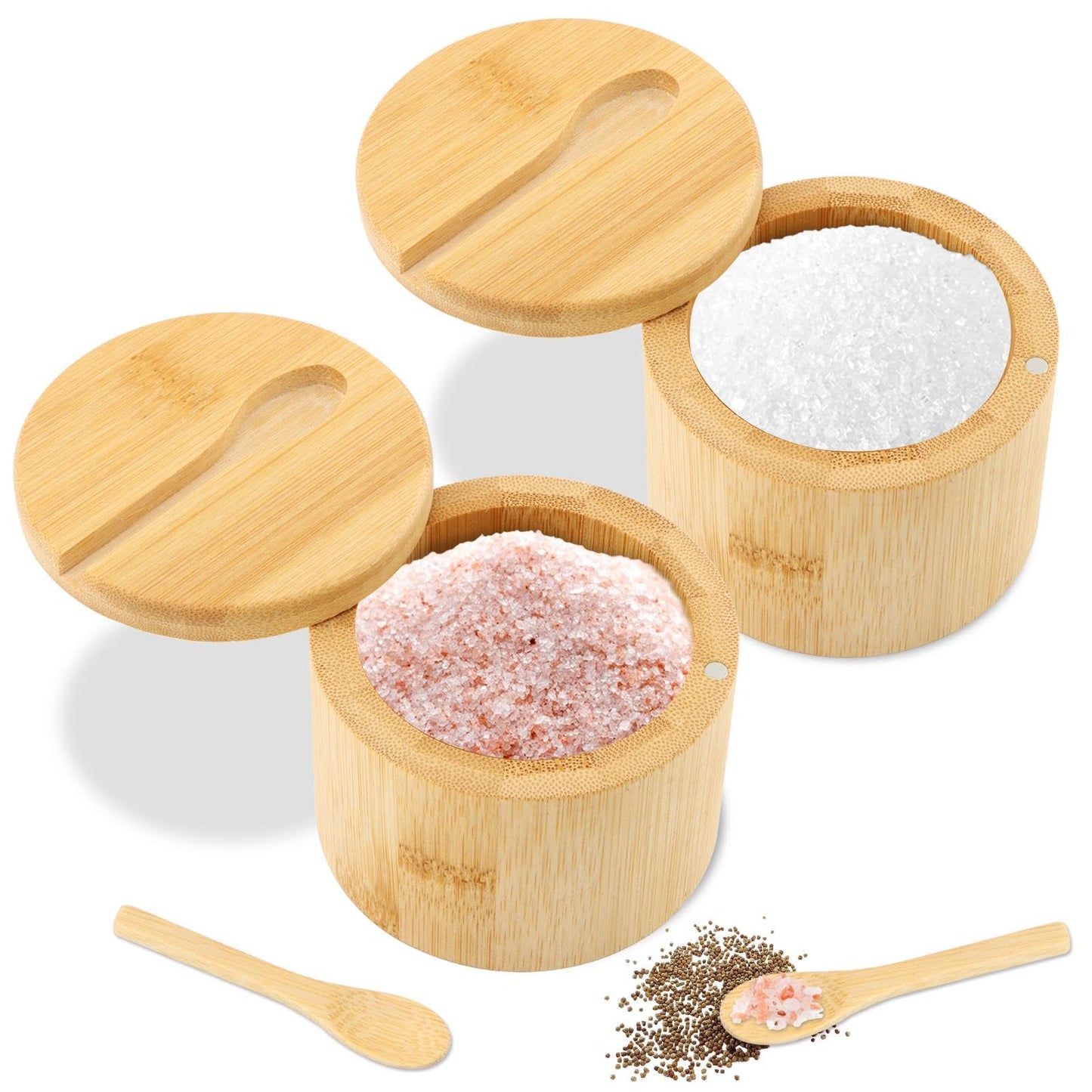Bamboo Salt Cellar with Magnetic Swivel Lid & Spoon, 2Pcs Spice Box Bowl Storage Box Salt Container to Storage Pepper, Table Salt, Gourmet Salts, Spice, Sugar(SIZE:6 oz)