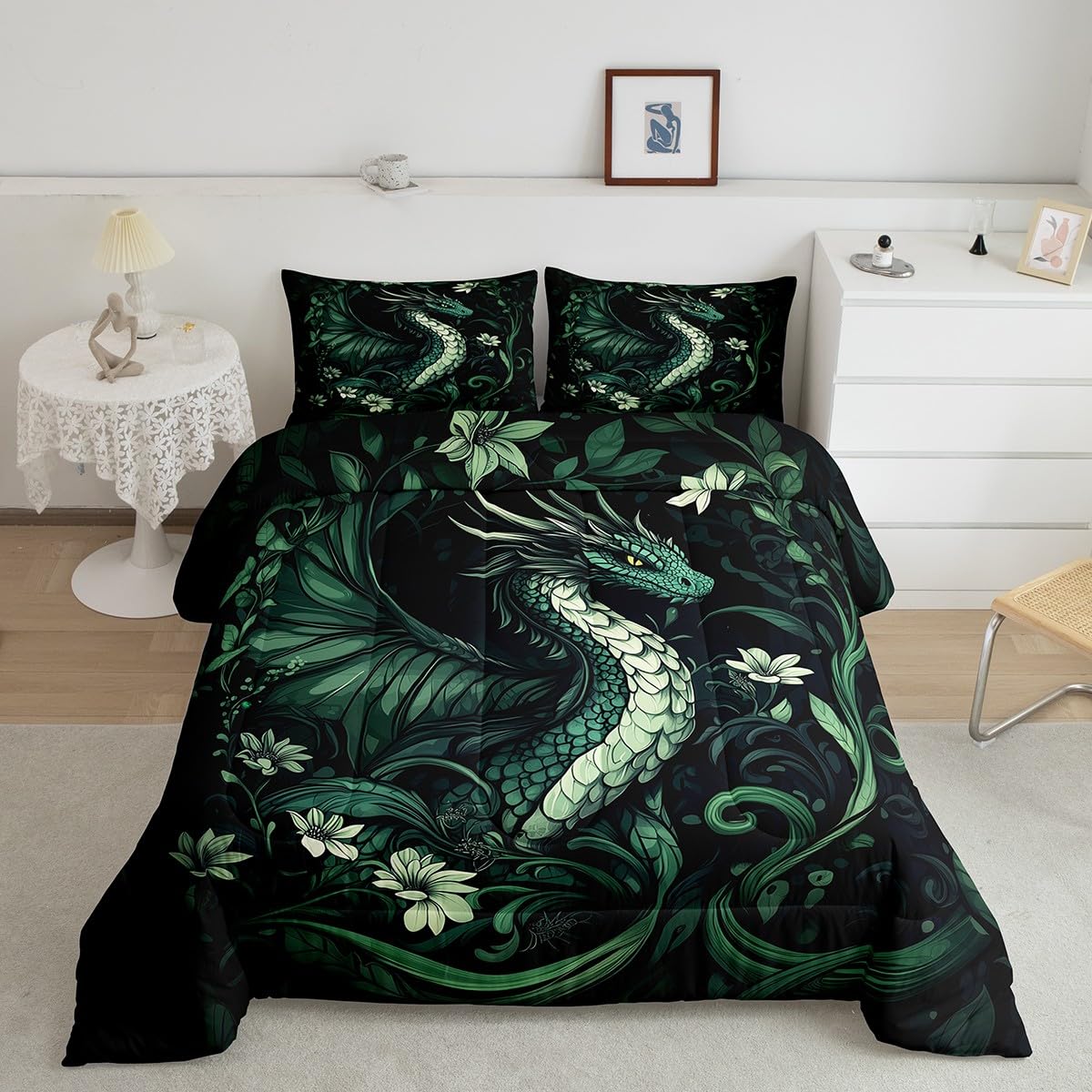 Exotic Dragon Kids Toddler Comforter Sets,Vintage Jungle Wildlfie Reversible Bedding Set for Boys Men Children,Green Leaves Flowers 2 Pieces Quilt Sets,Mystery Safari Animal Duvet Insert,1 Pillow Case