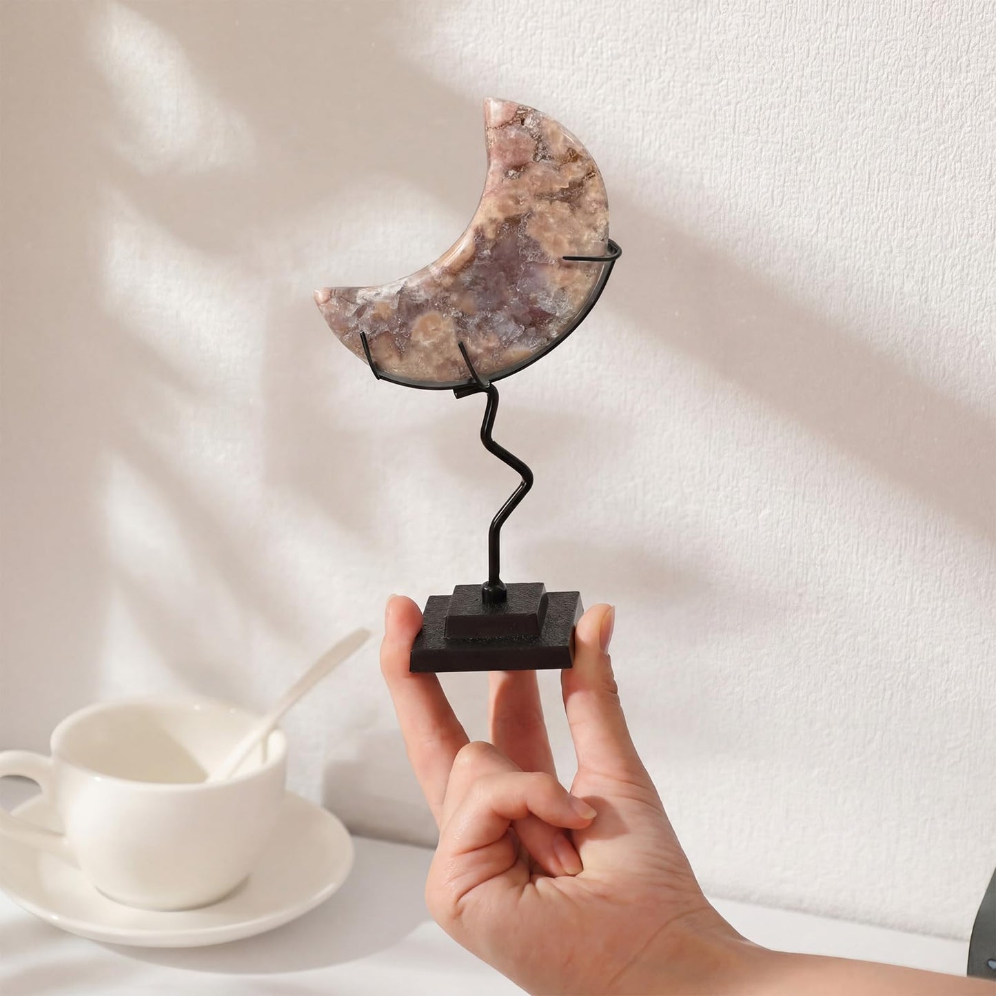 BrightRow 2 Pcs Moon Crystal Holder Rock Display Stand Crystal Display Gemstones Holder Metal Rock Stand with Base for Gemstones Mini Balls Geodes Mineral Agate Home Decor (5 x 2 Inch,Black)