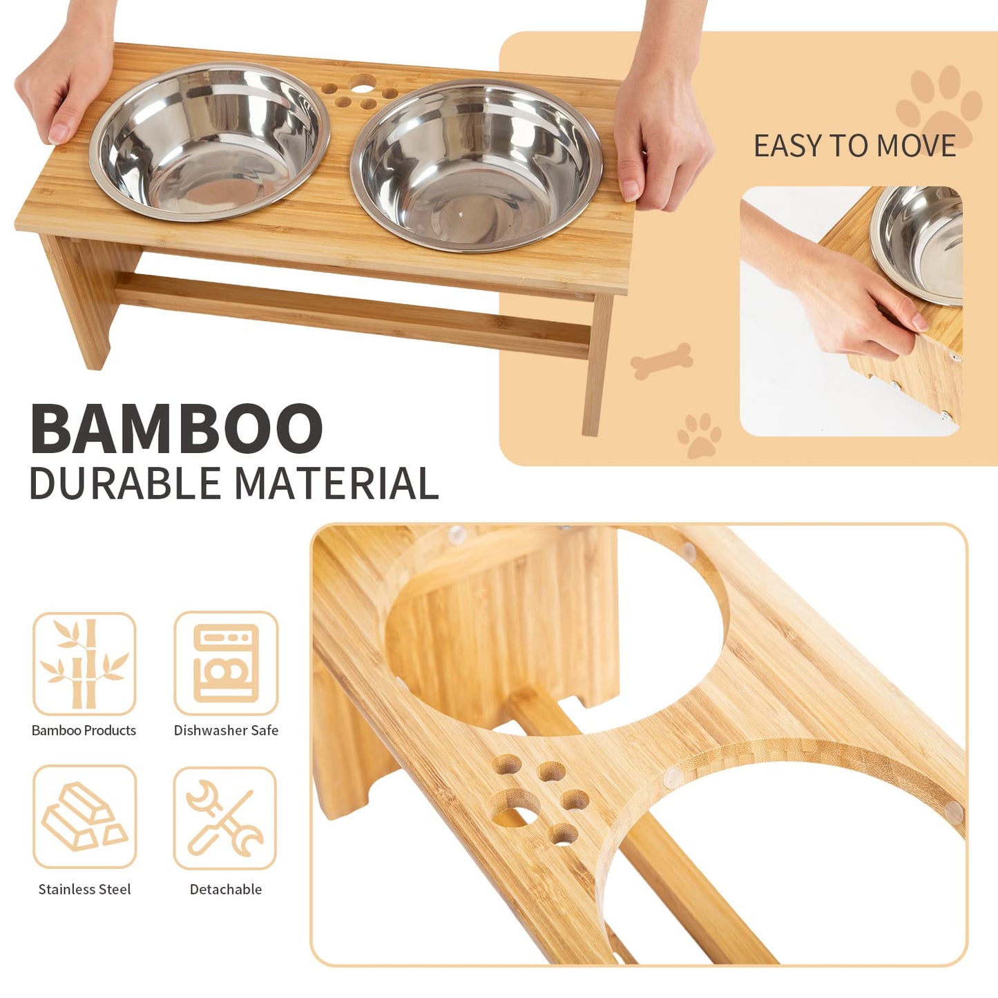 FOREYY Raised Dog Bowls for Cats and Dogs - Bamboo Elevated Dog Cat Food and Water Bowls Stands Feeder Dishes with 2 Stainless Steel Bowls and Anti Slip Feet (Small - 10 cm high)