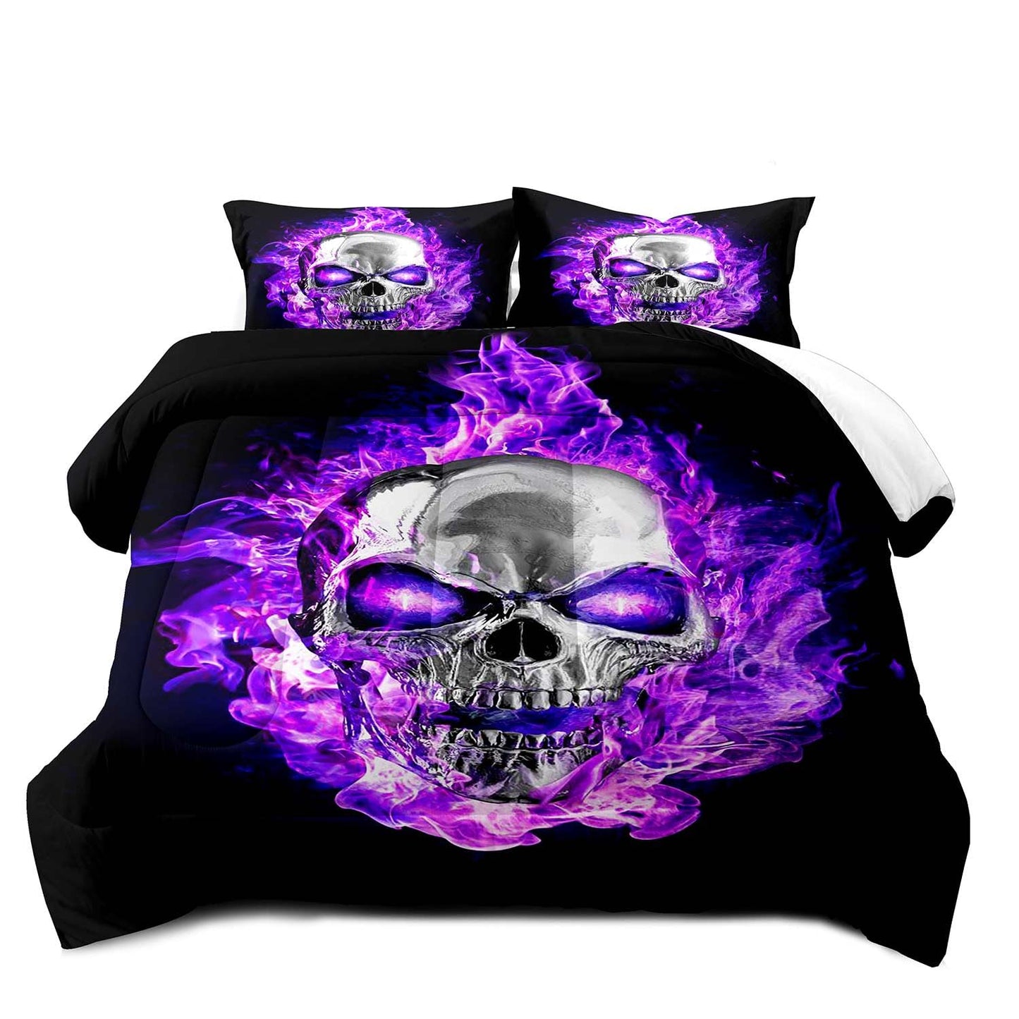 LUVIVIHOME 3PCS Skull Comforter Set King Size, Purple Fire Skull Bedding Sets, Cool 3D Flame Skeleton Cool Bedroom Decor for Men Teen Boys, Soft Microfiber Black Quilt, 2 Pillow Shams