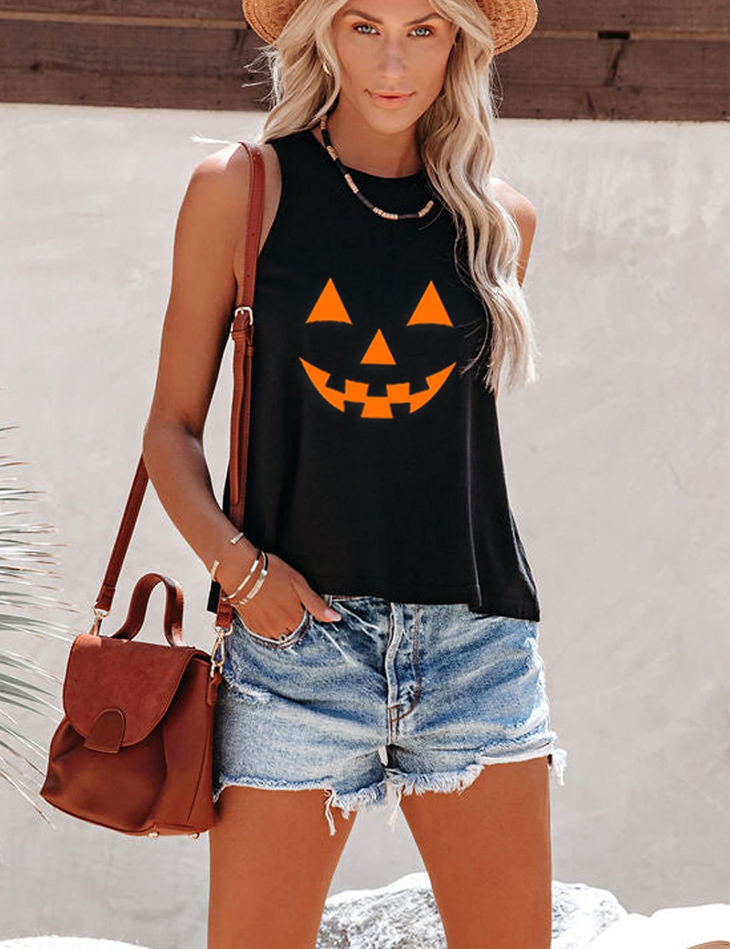 Mokoru Women's Funny Halloween Skeleton Pumpkin Skull Graphic Sleeveless Tank Top Shirts, Medium, Smile Face Black