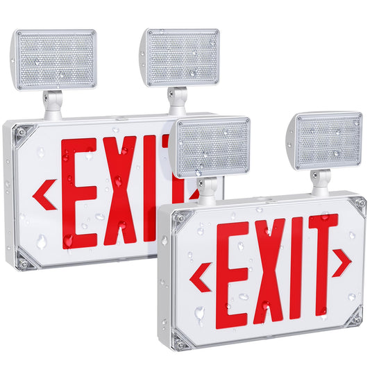 SASELUX Wet Location Exit Sign with Emergency Lights,Exterior Red LED Exit Light Combo,Double Side Emergency exit sign with Battery Backup,Outdoor Waterproof Hardwired Exit Light,Two Adjustable Heads,120/277VAC,UL Listed (2 Pack)