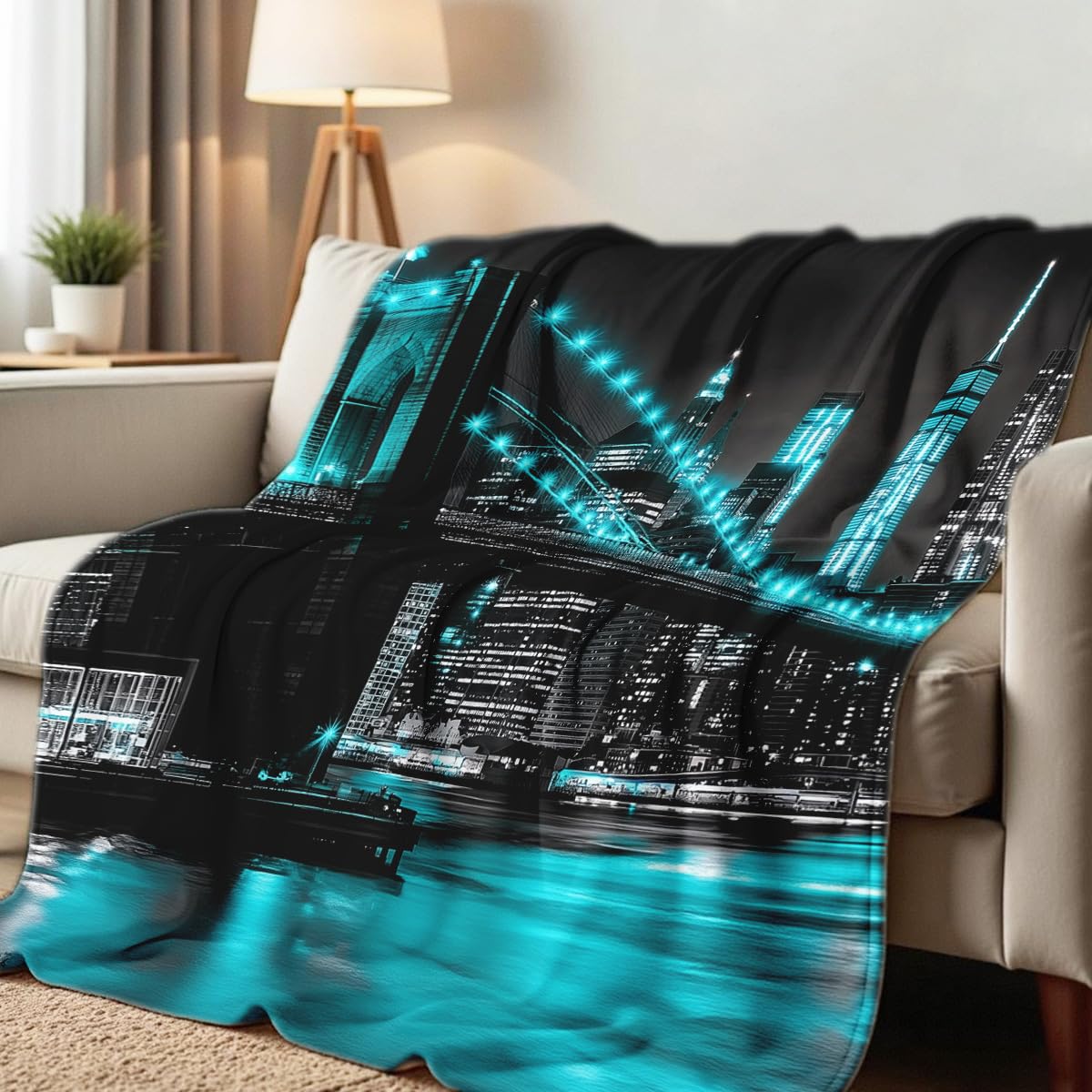 HUNXIAOJ New York City Building Blanket for Bed Couch Cityscape Blanket Throw Black White Teal Decor Flannel Prints Bedding Home Decor (49"x59")