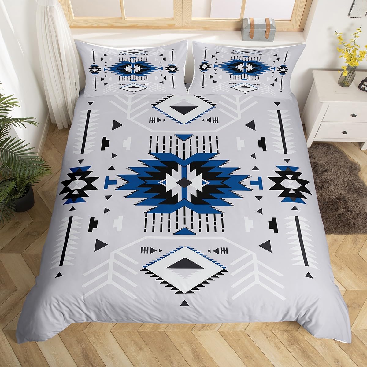 Southwest Bedding Set Grey Duvet Cover Set King Size Adults Rustic Geometric Arrow Abstract Comforter Cover 3pcs for Kids Girls Boys Men Room Decor Indian Tribal Themed Quilt Cover,2 Pillowcases