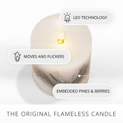 Luminara Embedded Flameless LED Candle - Pine Berries 3.5" x 4.5" - Moving Flame Pillar, Battery Operated Timer, Real Wax, Unscented, Safe