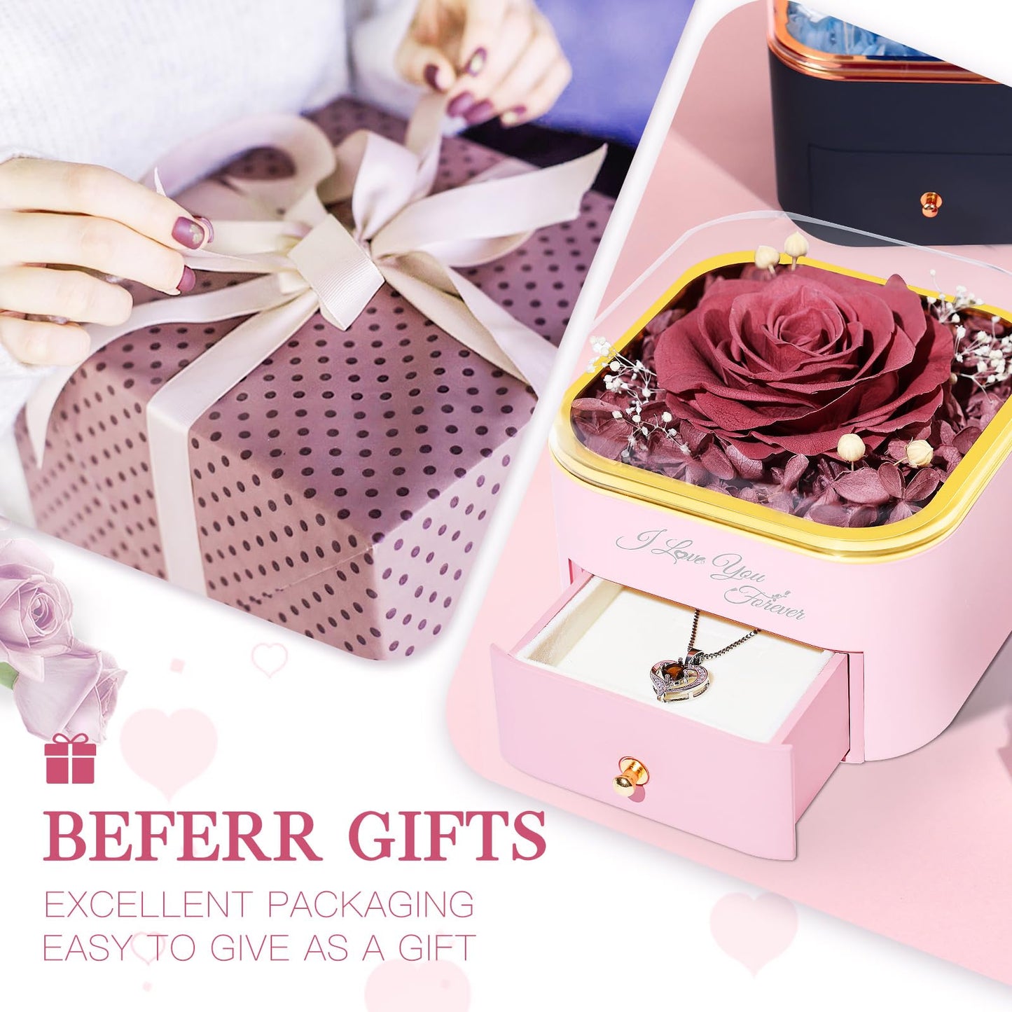 Beferr Valentines Day Gifts for Her Preserved Real Rose with Necklace Eternal Roses Forever Flowers for Delivery Prime Mothers Anniversary Birthday Gifts for Women Mom Grandma Wife Daughter Girlfriend