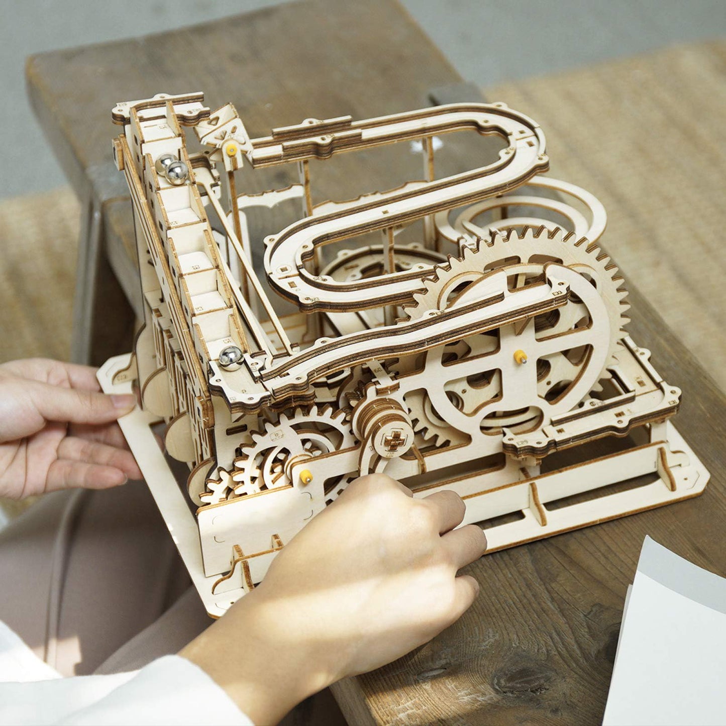 ROKR Hand Cranked Marble Run Wooden Model Kits Assembly 3D Wooden Puzzle Mechanical Model Kits with Balls for Teens and Adults(Waterwheel Coaster)