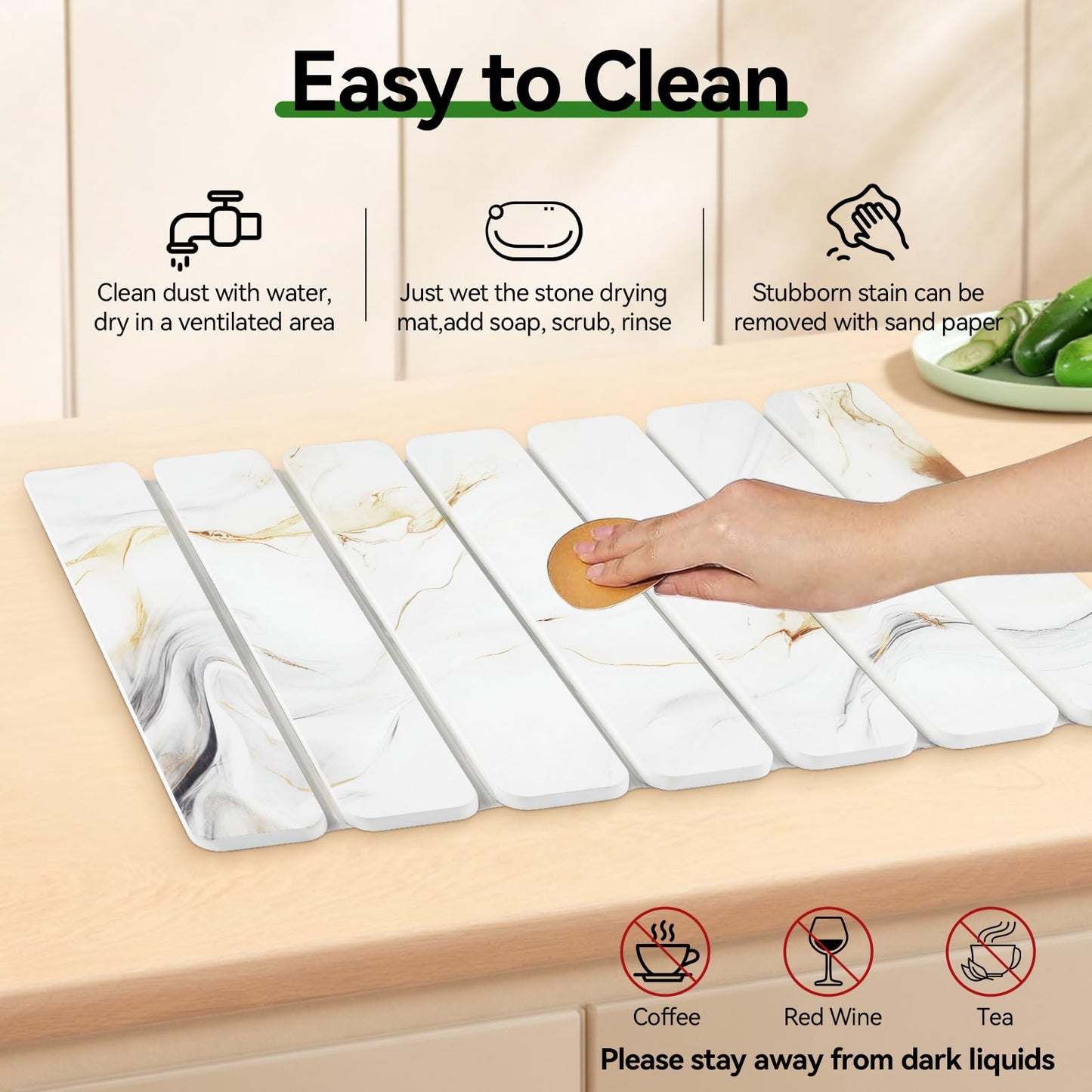 Large Stone Drying Mat for Kitchen Counter, 16"x12" Collapsible Diatomaceous Earth Drying Mat, Instant Absorbent Dish Drying Pad, Stone Drying Rack Space Saver Drying Board for Kitchen Sink, White
