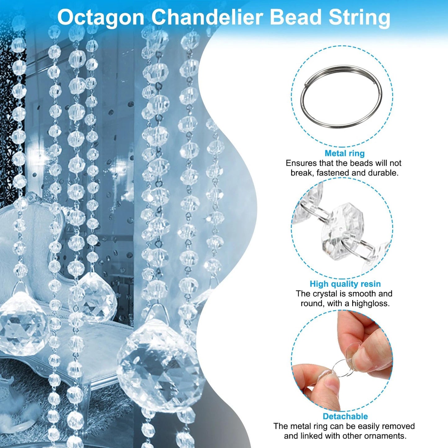 33ft Acrylic Crystal Beads Garland 14mm Chandelier Gem Beads Chain Hanging Crystals Beads Strings for Wedding Party Manzanita Centerpiece Christmas Tree