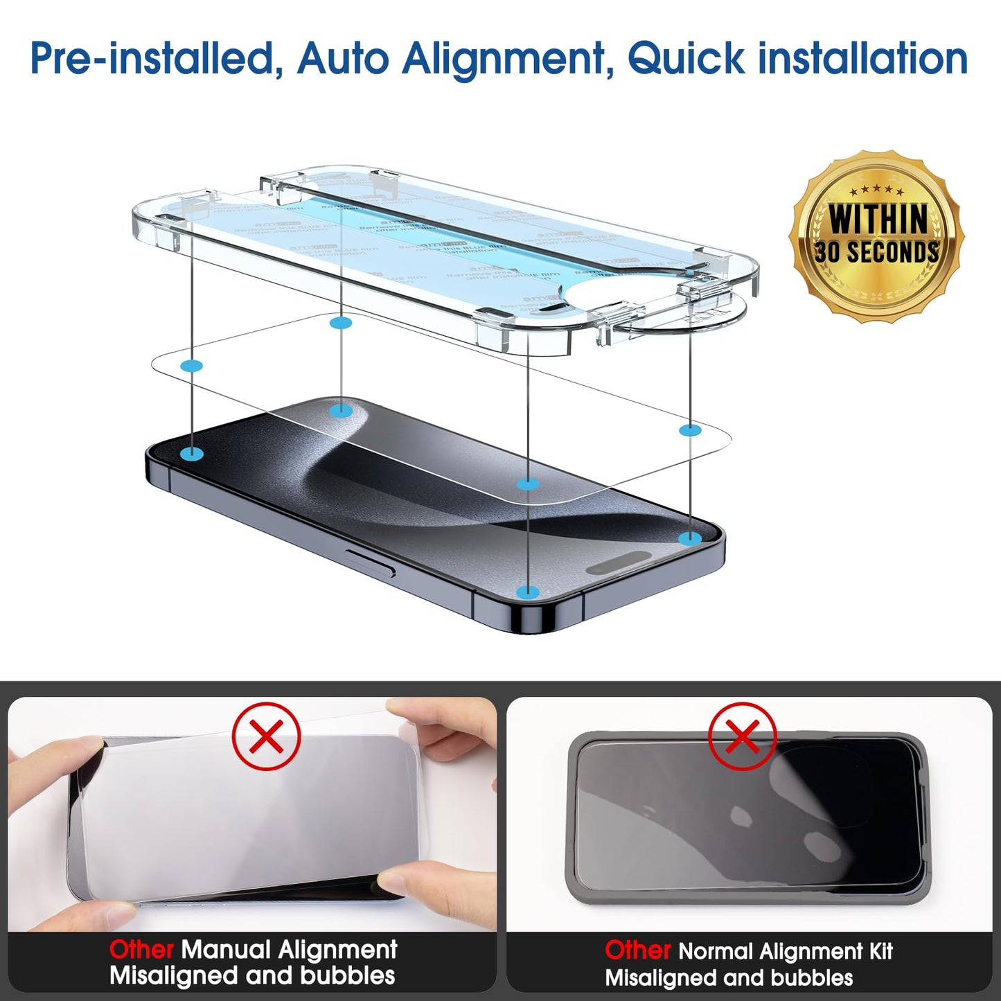 amFilm Auto-Alignment OneTouch for iPhone 16 [6.1''] Screen Protector + Camera Lens Protector, Tempered Glass, 30 seconds Installation, Bubble Free, Case Friendly, Anti-Scratch [2+2 Pack]
