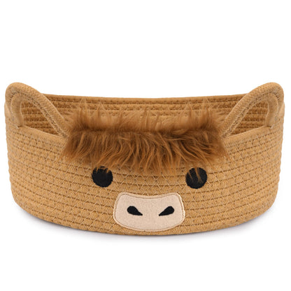 Hkojewp Oval Highland Cute Cow Basket for Nursery, Small Woven Gift Basket, Rope Cotton Storage for Gifts Empty, Baby Shower Blanket 0rganizer with Handles,Towel Decorative Bins, 12"D x 5"H in