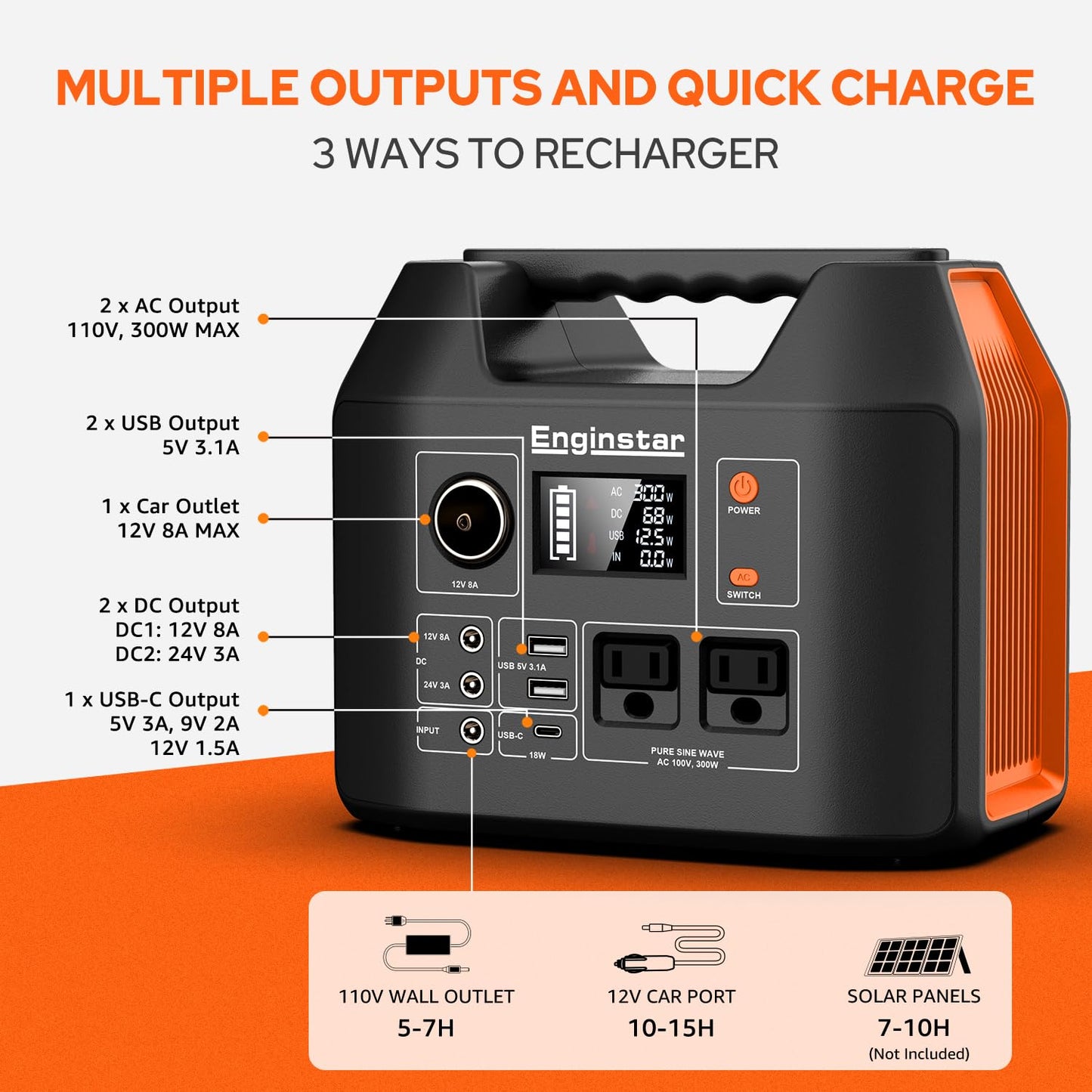Portable Power Station EnginStar 300W Solar Generator 110V 296Wh Power Bank Two Pure Sine Wave AC Outlet 80000mAh Lithium Battery Pack for Camping Outdoors Trip RV Hunting Vans Emergency Backup