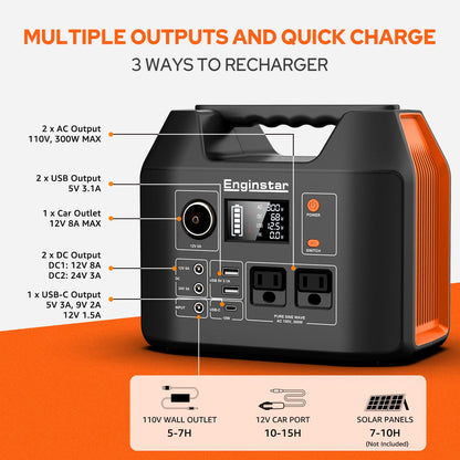 Portable Power Station EnginStar 300W Solar Generator 110V 296Wh Power Bank Two Pure Sine Wave AC Outlet 80000mAh Lithium Battery Pack for Camping Outdoors Trip RV Hunting Vans Emergency Backup