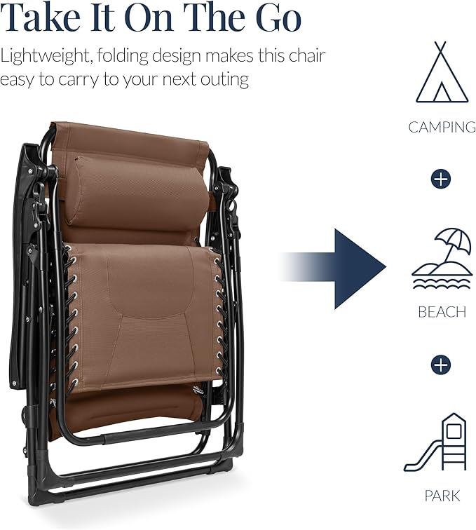 Best Choice Products Oversized Padded Zero Gravity Chair, Folding Outdoor Patio Recliner, XL Anti Gravity Lounger for Backyard w/Headrest, Cup Holder, Side Tray, Polyester Mesh - Dark Brown