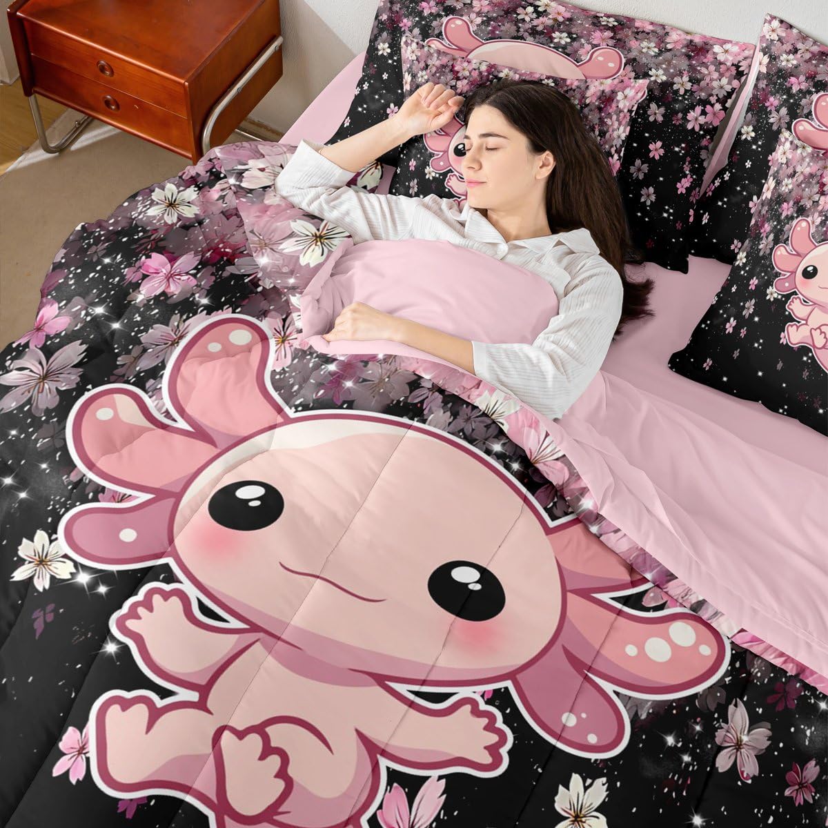 Pink Axolotl Queen Comforter Set Romantic Cherry Blossom Bed in a Bag with Flat and Fitted Sheet for Kids Girls Teens 7-Piece Bedding Set Girly Kawaii Animal Quilt Duvet SetsCartoon Axolotl