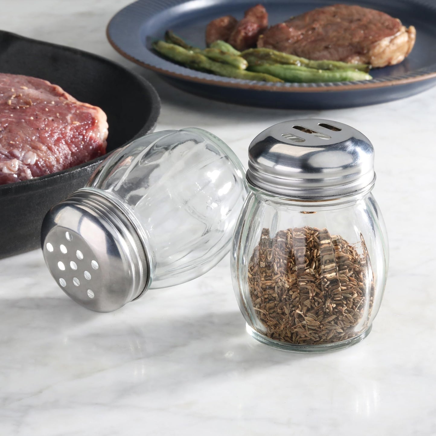 New Star Foodservice Glass Swirl Cheese & Crushed Red Pepper Shaker with Stainless Steel Slotted Top, 6-Ounce, Set of 12