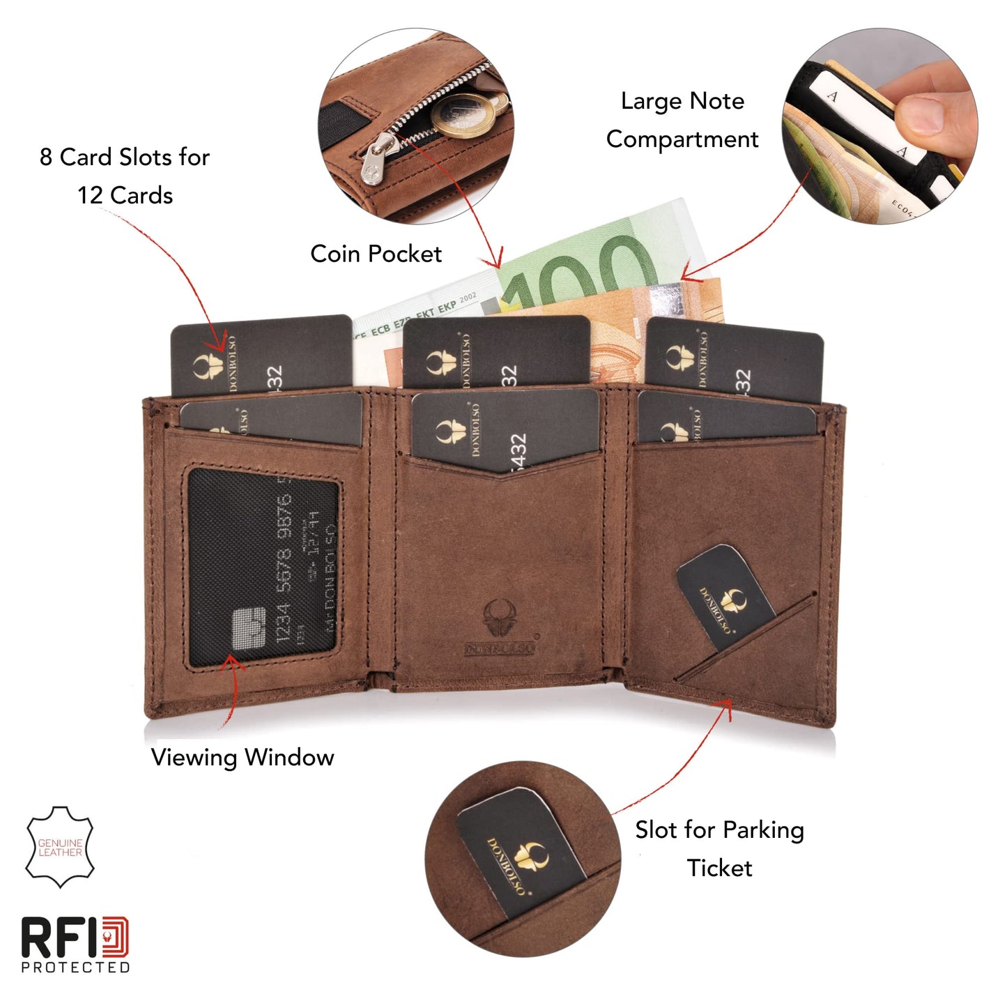 DONBOLSO Wallet 2 I Slim Wallet with Coin Pocket and RFID Protection I 8 Card Slots for up to 12 Cards I I Genuine Leather Credit Card Holder for Men and Women I Brown Vintage