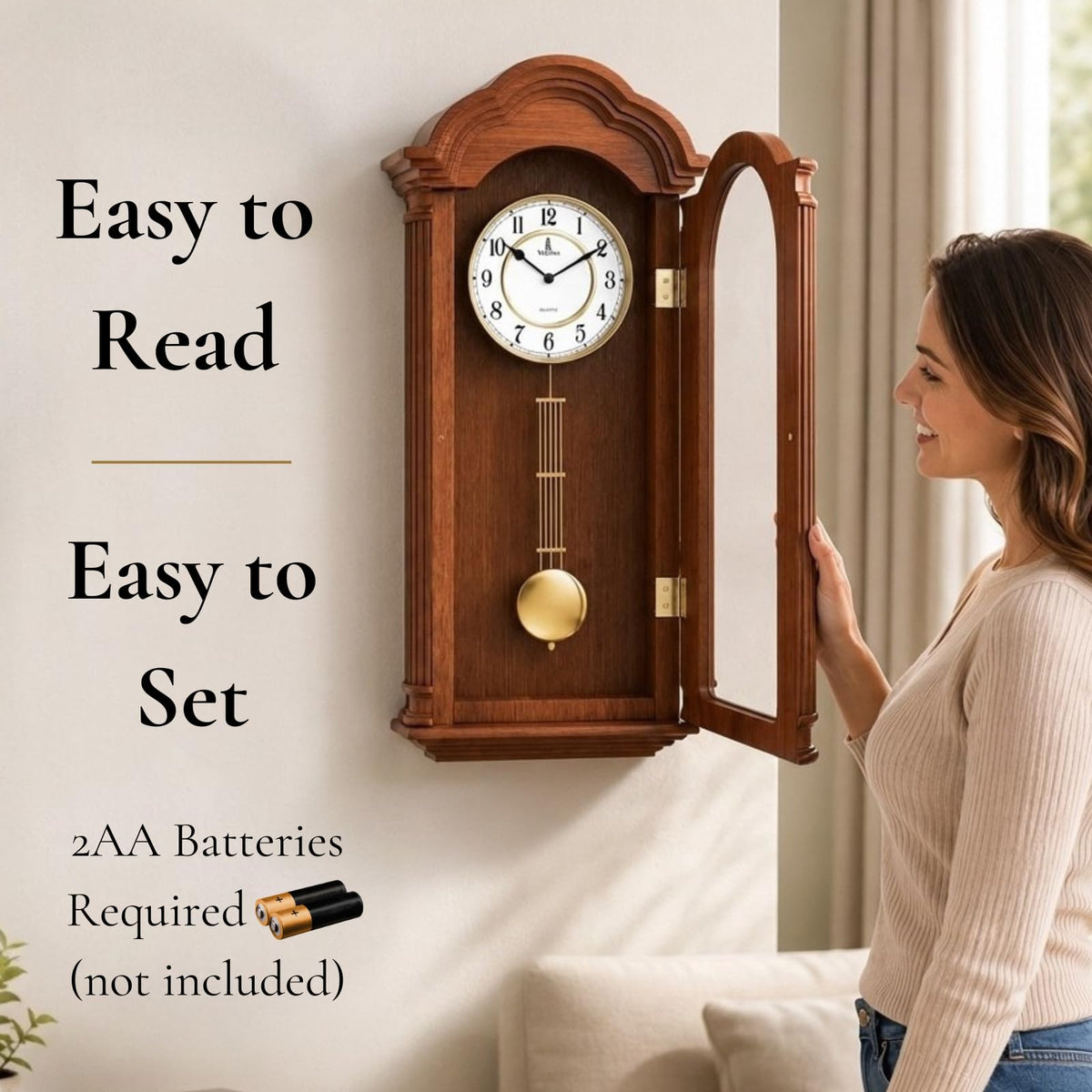 Grandfather Wall Clock with Pendulum — Large Hanging Wooden Battery Operated Non-Chiming Clock 26 x 12 inch - Quiet, Solid Wood Clock for Living Room, Entryway & Home Décor