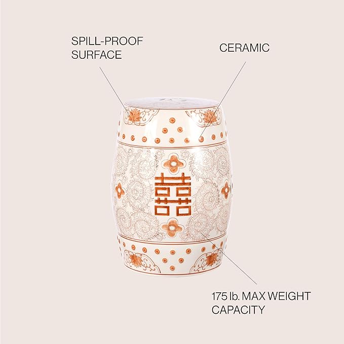 JONATHAN Y TBL1013D Double Happiness 18" Chinoiserie Ceramic Drum Indoor/Outdoor Garden Stool Bohemian, Coastal, Classic, Cottage, Traditional, Patio, Garden, Bathroom, Living Room, Orange/White