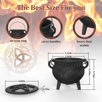 Cast Iron Cauldron with Lid & Handle, Small Triple Moon Cast Iron Cauldron Pot, Incense Burner Witchcraft Ideal for Cooking, Smudging, Ritual Purpose, Sage, Halloween Decoration