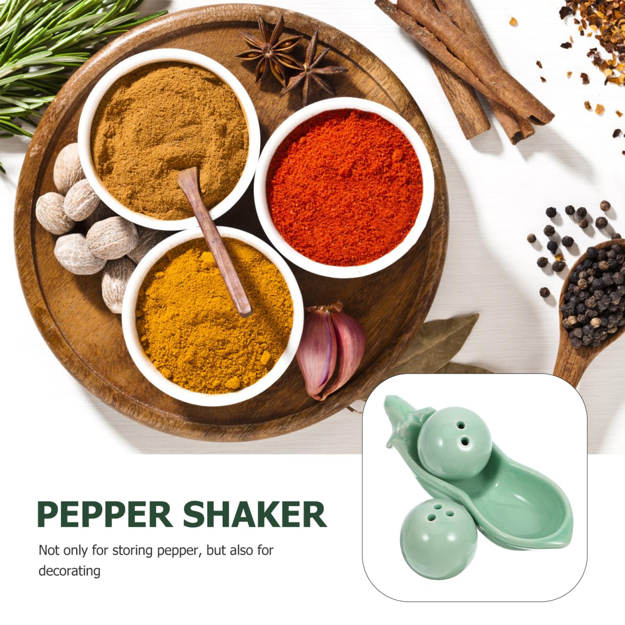 Amosfun Pea Shape Salt Pepper Shakers Set with Tray - Compact Ceramic Seasoning Dispenser Small Spice Jars for Kitchen Dining Table Decor Easy Clean