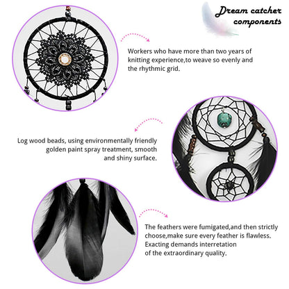 Pretty Jolly Black Gothic Dream Catcher Wall Decor Handmade Woven Feather Macrame Dream Catchers Wall Hanging for Bedroom,Living Room,Wedding Party,Home Decor-Black 3 Rings 22.4"