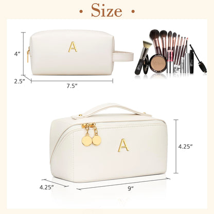 KKXIU Initial Makeup Bag for Women - Personalized Makeup Bag Gifts for Women, Travel Toiletry Bag with PU Leather, Open Flat Design with Top Handle, Cosmetic Bag Set with Multi-Pocket (Beige,A)