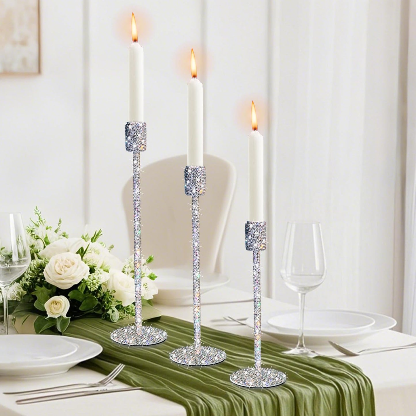 SlowVibes Bling Candlestick Holders Set of 3,White Crystal Rhinestone Tall Taper Candle Holders,Crushed Diamond Home Decor,Decorative Centerpiece for Table Mantel Wedding Fireplace,Housewarming Gift