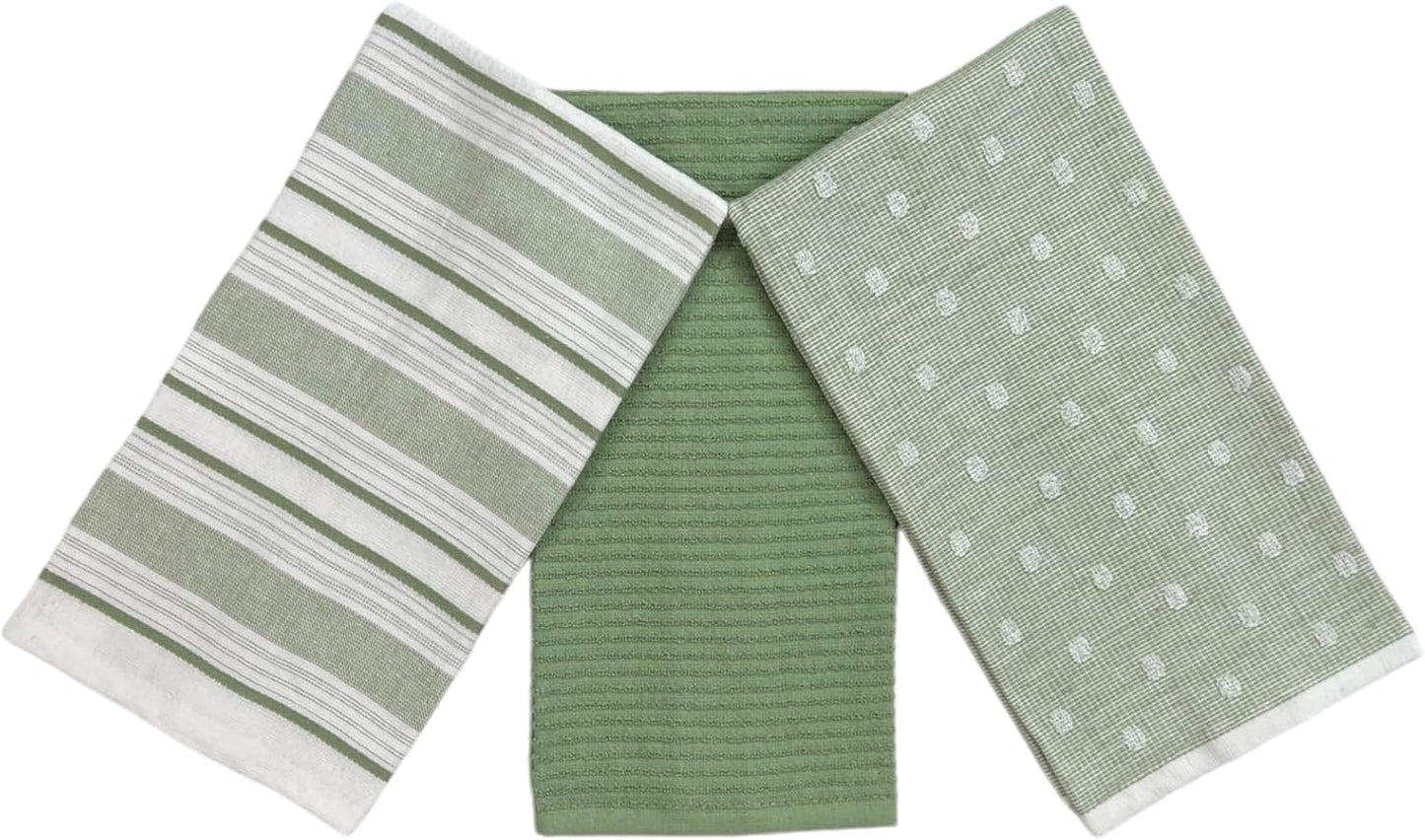 Sage Green White Kitchen Hand Dish Towels: Oversized 28" x 16", 100% Cotton