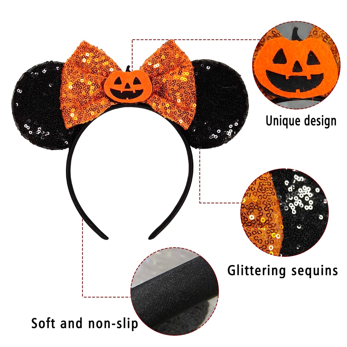 TEBWPIY Halloween Headband - Black Mouse Ears Headband with Shiny Orange Bows and Pumpkin Decoration, Costume Headwear for Girls Women, One Size Fits Most