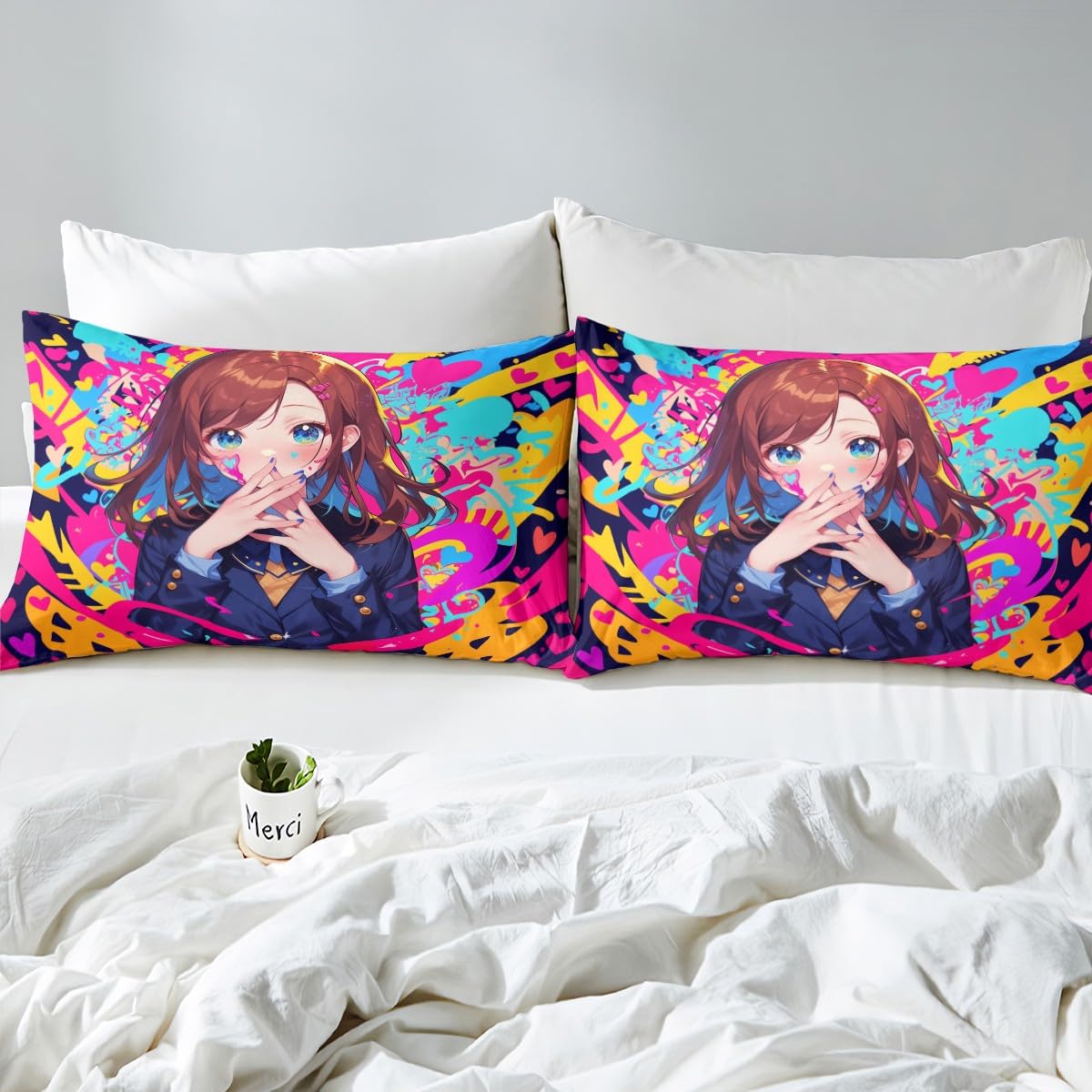 Erosebridal Anime Girl Full Bedding Set, Japanese Anime Comforter Set 3 Piece for Kids Girls Teens Adult Bedroom Decor, Cartoon Girl Quilt Kawaii Japanese Animation Bedding Comforter Sets