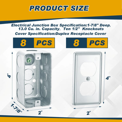 Copkim 8 Set 4 x 2 Inch Electrical Junction Box with Cover Square Plenum Box Galvanized Steel Metal Outlet Boxes, Ten 1/2'' Knockouts, 1-7/8" Deep, 13 Cu. in. Capacity (Duplex Receptacle Cover)