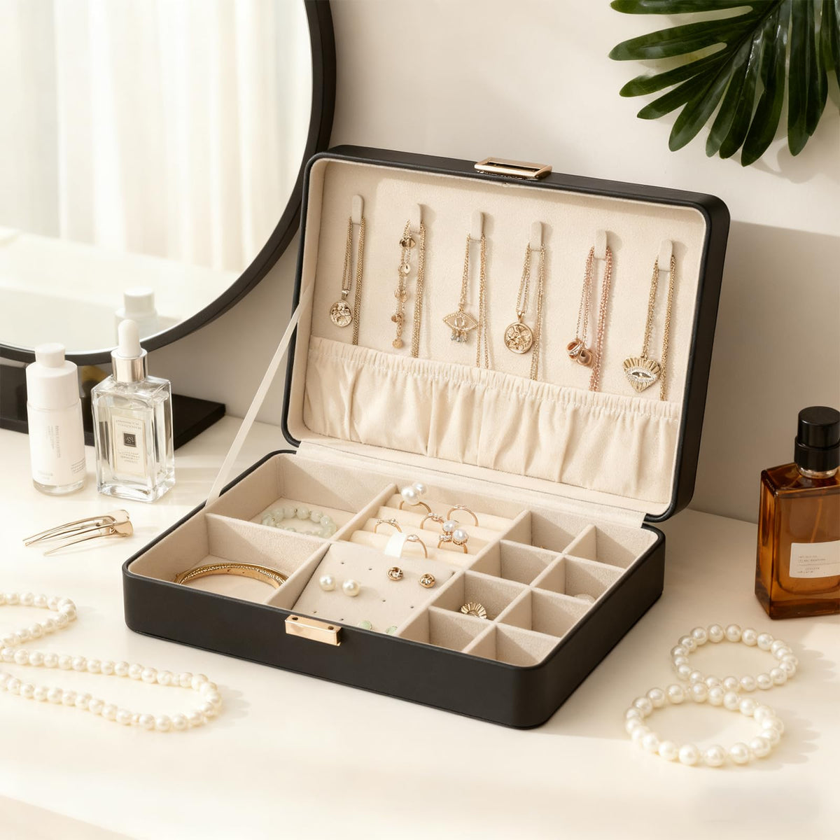 V-LAFUYLIFE Jewelry Box Travel Jewelry Organizer Case for Women | Portable Storage for Earrings, Necklaces, Rings, Bracelets Gift Ready Box Black