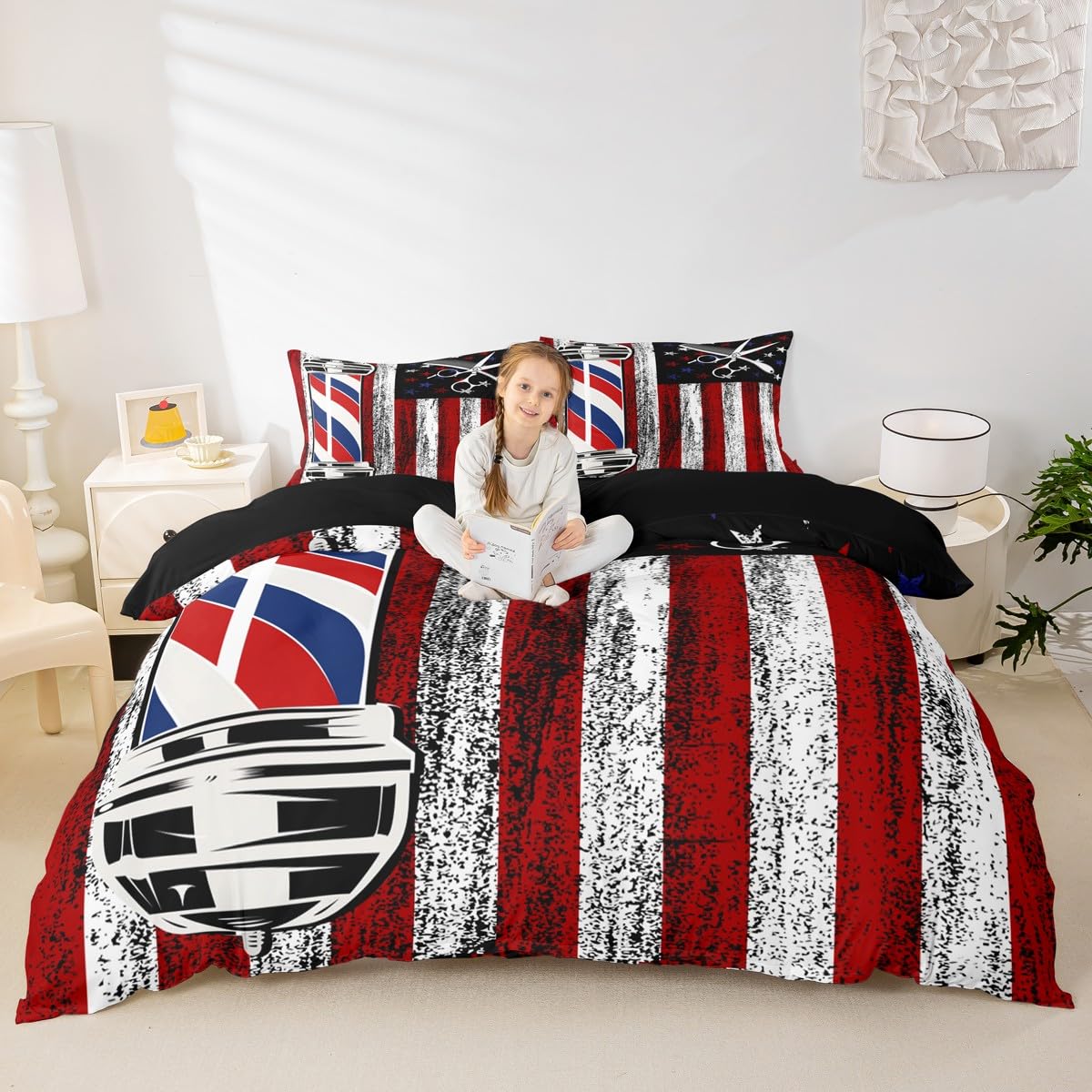 American Flag Duvet Cover Set Full Size,Retro Rustic Stars Stripes USA Flag Comforter Cover with 2 Pillowcases,Barber Haircut Themed Neon Light Breathable Bedspread for Boys Teens,Pillow Sham