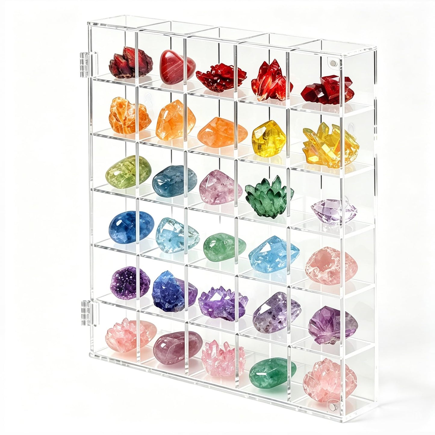 REZBLEATH 30 Grid Acrylic Clear Display Case Adjustable Crystal Display Shelf Rock Collection Box for Storage Crystals Stones and More, Wall Mounted Transparent Rock Display Box with Magnetic Lid