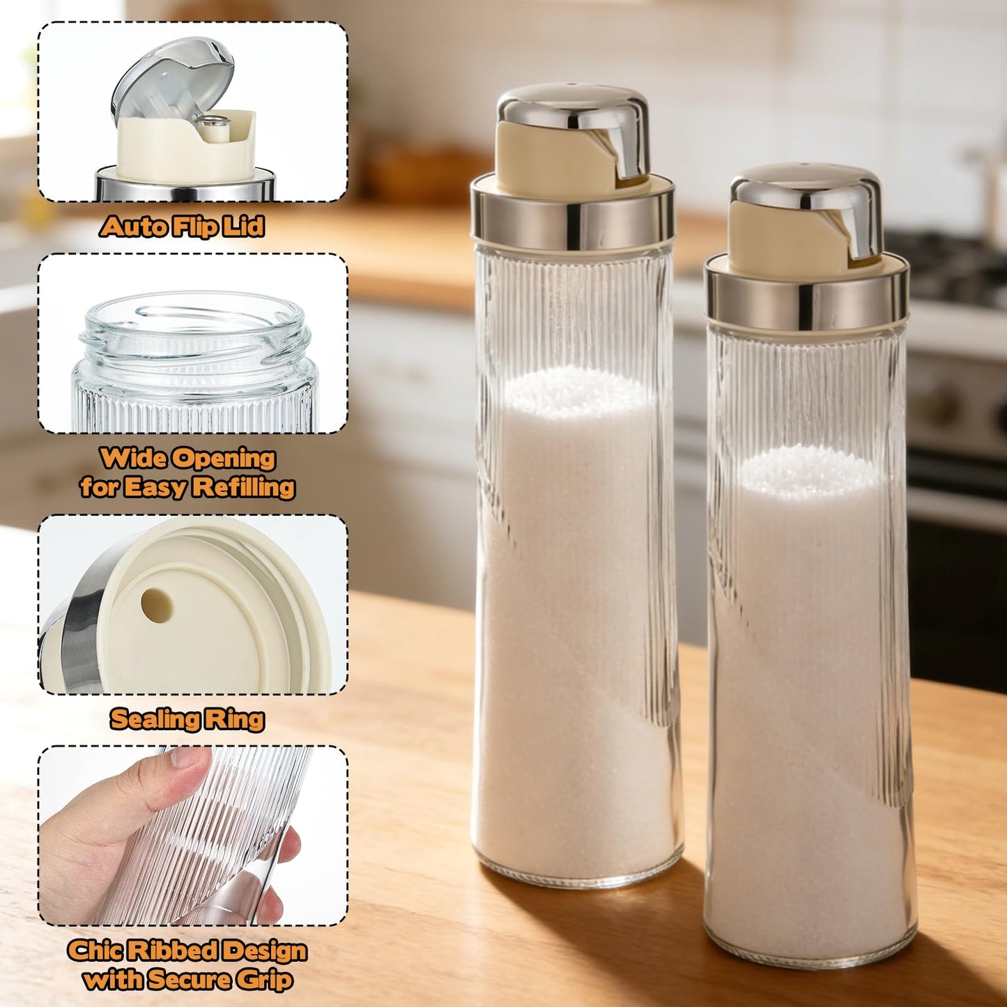 2 PCS 20 OZ Large Glass Sugar Dispenser with Pour Spout Large Capacity Glass Jars for Sugar Coffee Sugars Container Non-slip Ribbed Design Food-Grade for Salt Tea Coffee Station Kitchen Baking, Silver