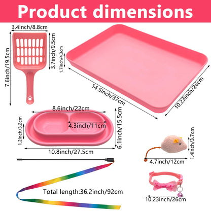 Kitten Starter Kit for Indoor Kittens, Pink Litter Box Access & Scoop, Dish Feeding Bowl, Adjustable Bell Collar, Mouse Toy - Low Entry Baby Cats Training Kits, New Kitten Essentials