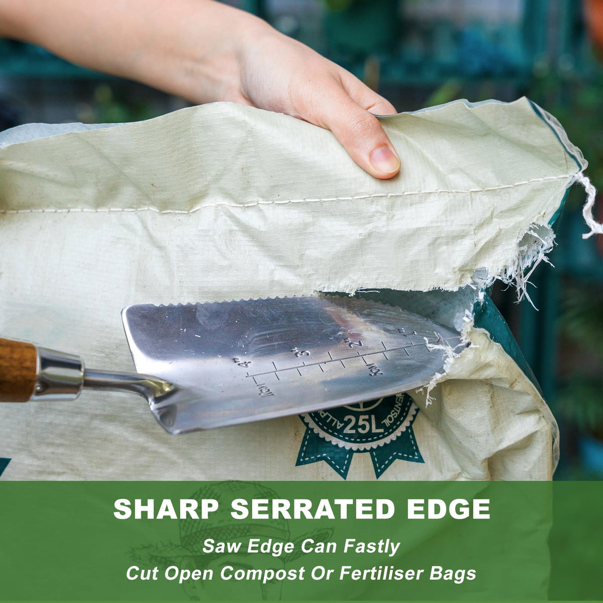 Haliaeetus Garden Trowel with Serrated Edge, 4'' Depth Marks Planting Shovel, V-Shaped Sharp Edge Garden Tool, Stainless Steel with Comfortable Wood Handle for Planting and Weeding
