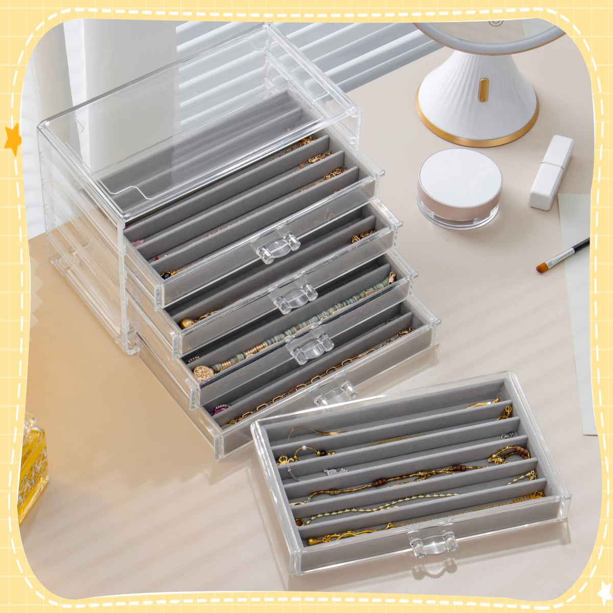 Necklace Organizer Box with 5 Drawers 30 Compartments, Dustproof Velvet Necklace Display Tray, Acrylic Necklaces Display Case, Pendant Chains Necklace Storage Tray Gift for Women and Girls (Grey)
