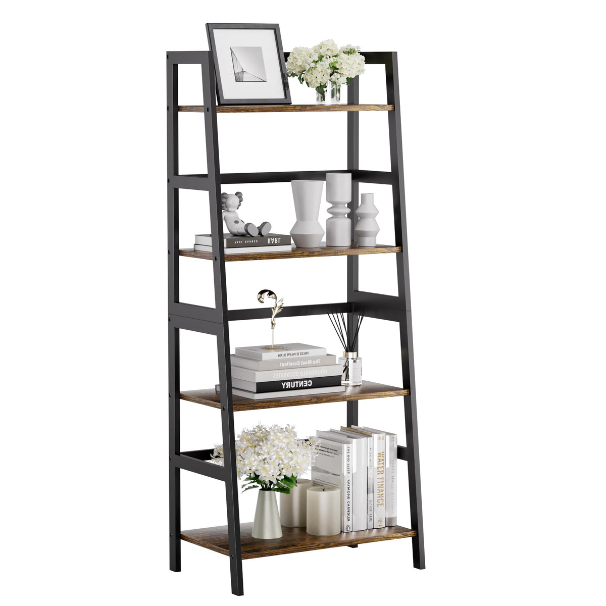 HITNET Ladder Shelf, 4 Tier Bookshelf with Bamboo Frame, Freestanding Bathroom Storage Shelving Unit for Living Room, Home Office, Bedroom, Rustic Brown and Black