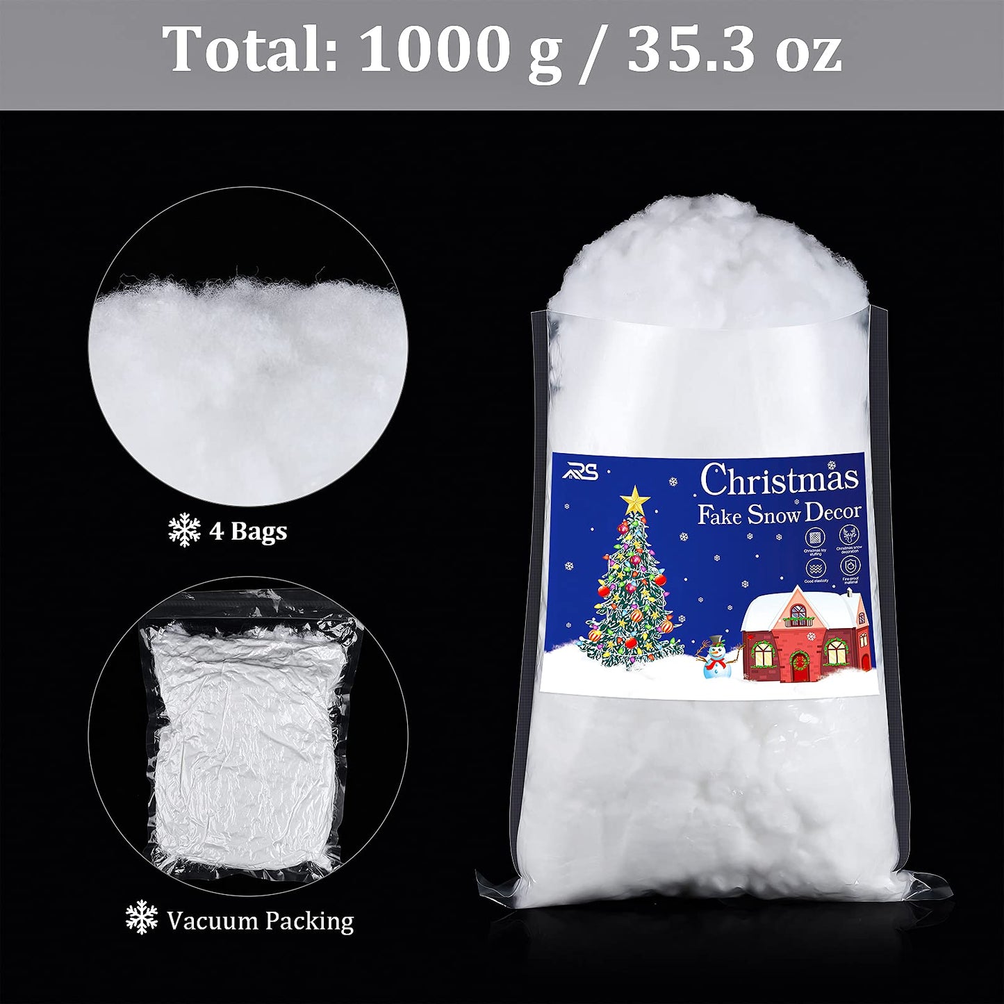 Ruisita 4 Bags Christmas Fake Snow Artificial Snow 35.3 Ounces Fluffy Snow Fiber for Snow Blanket, Christmas Tree Decoration, Holiday and Winter Displays