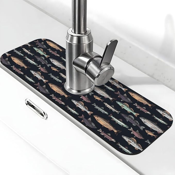 Vintage Fish Fishes Ocean Fishing Kitchen Sink Splash Guard Faucet Mat Super