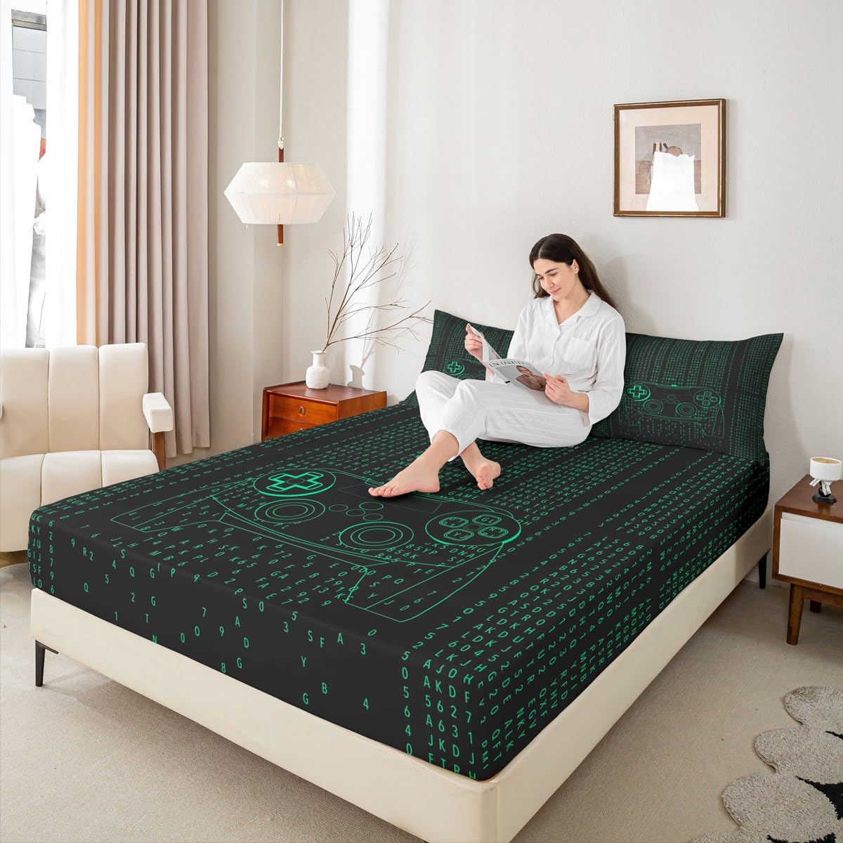 Kids Modern Gamer Bed Sheet Full Size Video Game Controller Fitted Sheet Gamepad Joystick Green Bedding Set for Boys Teens Adult Player Gaming Sheet Set Ultra Soft Room Decoration(No Top Sheet)