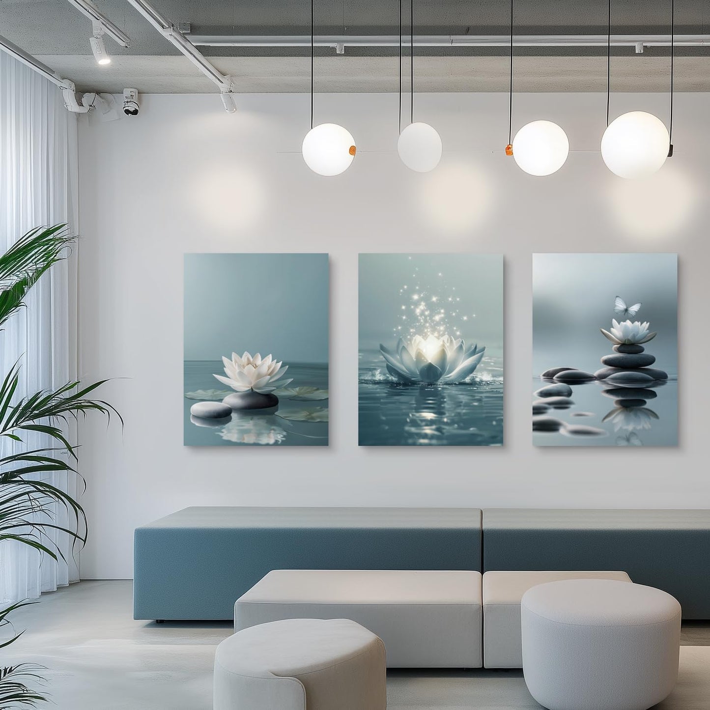 GELDSTEI Calm Zen Botanical Canvas Wall Art, White Lotus Blooming on Stones in Water Aesthetic Pictures, Yoga Spa Meditation Room Decor, Modern Spiritual Poster Prints for Zen Office Framed Set of 3, Each 12x16 Inch