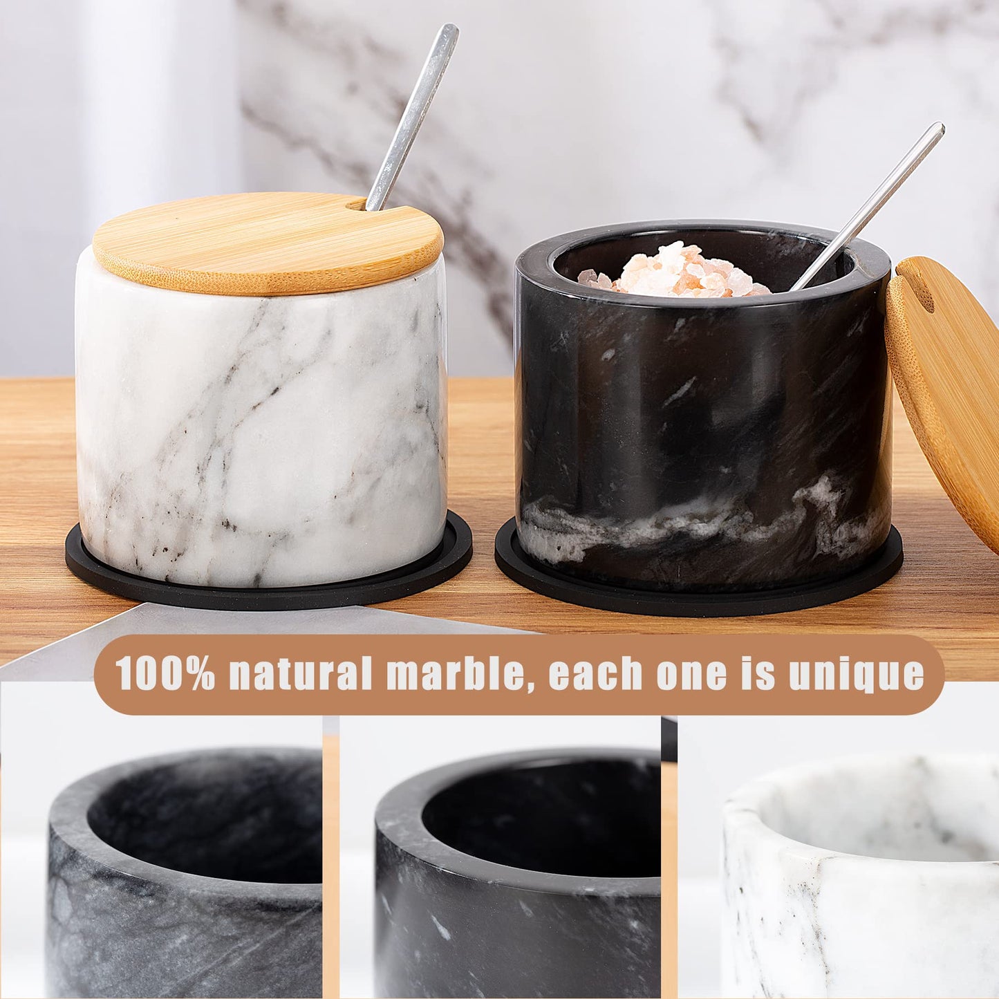 NHKRTE Marble Salt Cellar with Lid & Spoon, 11oz Salt and Pepper bowls, Handcrafted from Natural Marble, Smooth Inside (White)