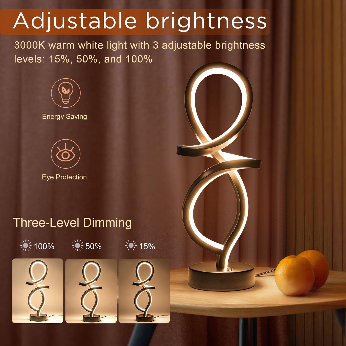 Mayful RGB Modern Table Lamp with 15W LED Spiral Spiral Design, Black Nightstand Lamp & Small Bedside Lamp, Touch Dimmable with 7 Colors & 10 Modes for Bedroom, Living Room, Office