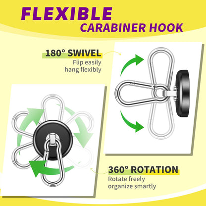 Niuknow Magnetic Hooks for Cruise Cabins, 150LBS Neodymium Extra Strong Magnetic Hooks with Swivel Carabiner for Hanging for Grill, Office, Kitchen, Classroom, 10 Pack, Black